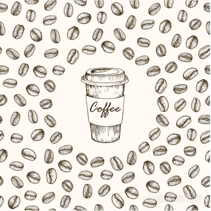 矢量无缝模式.手工绘制的插图的咖啡豆和杯子