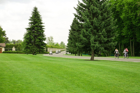 驱车行驶在道路附近绿色课程的现代高尔夫球车