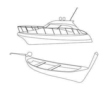 快艇和独木舟的平面图标。轮廓矢量图