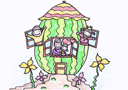 蜡笔画房子他们的家庭的孩子蜡笔画照片