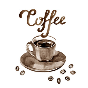 手绘水彩插图与杯浓咖啡和咖啡豆。徽标