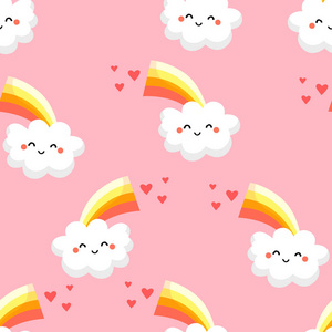 心在粉红色的背景与滑稽云, 彩虹的无缝模式.