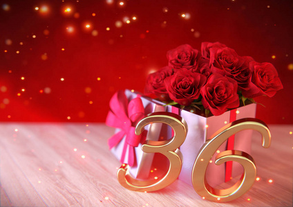 生日概念与红色玫瑰在木桌上的礼物。第三十六次。36.3d 渲染