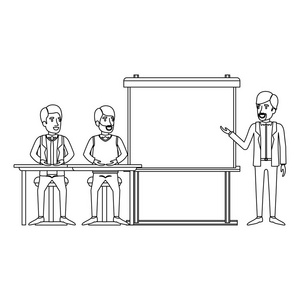 单色背景，几个男人坐在书桌前为行政的演说家，在 presentacion 商务人士