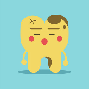 不开心卡通牙人物与衰减问题,牙科矢量插图为孩子照片