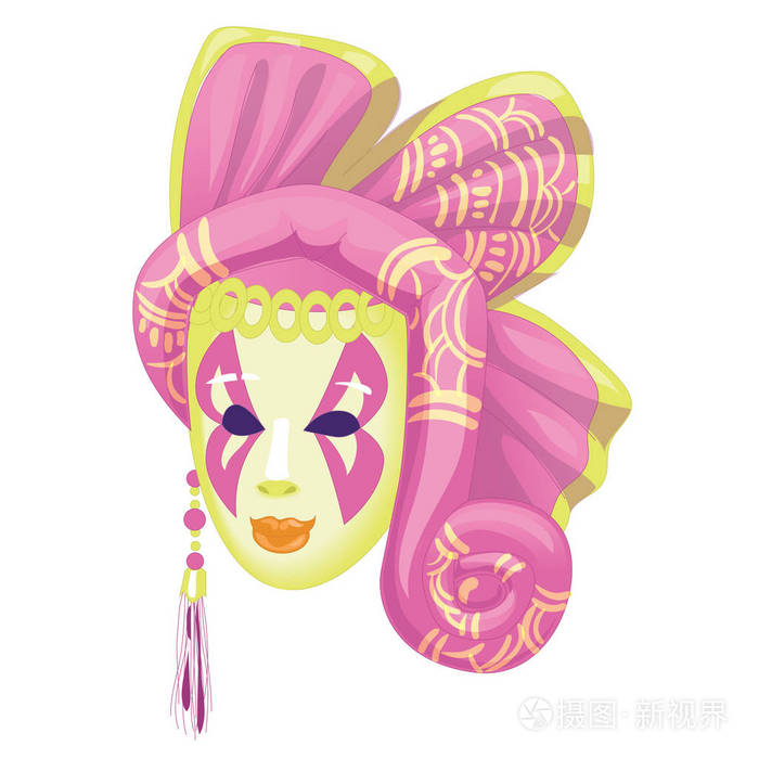 带黄色的面具,神秘的女人脸上白色背景孤立的装饰粉红色.矢量图