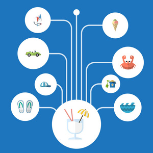 平面图标饮料 飞 铲子和其他向量元素。夏平图标符号集还包括铲，帽，翻转对象