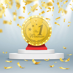 获胜者背景.第一名的竞争.登上领奖台聚光灯与五彩纸屑照片