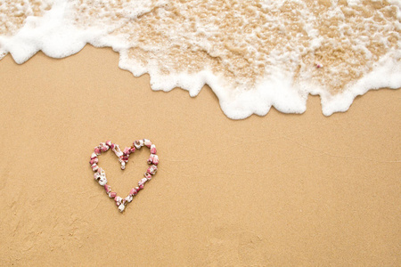 心的形状，在海滩上的粉红色海贝壳