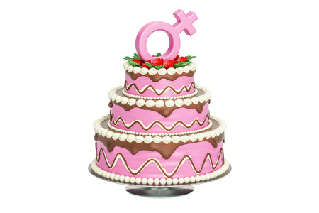 与女性的性别标志，3d 渲染的粉红色蛋糕