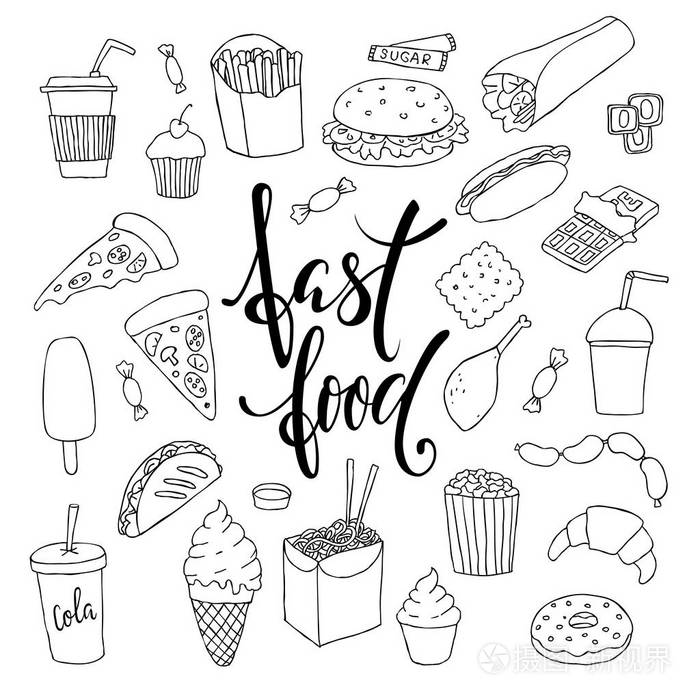 手绘涂鸦的快餐食品,刻字大套插画-正版商用图片0u6ki8-摄图新视界
