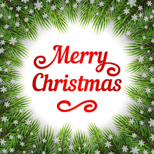 冷杉树的装饰和雪花的白色背景。向量背景为圣诞节和新年。优雅的框架与松树树枝。节日快乐插画