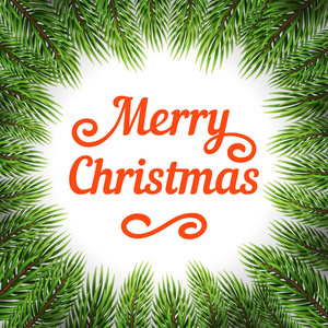 冷杉树装饰和文本在白色背景。向量背景为圣诞节和新年。优雅的框架与松树树枝。节日快乐插画