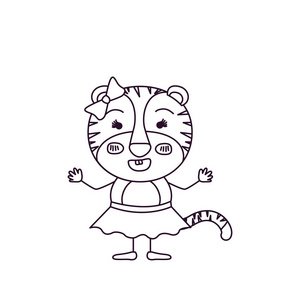母老虎性格模糊的草绘轮廓漫画的可爱的表情女虎妞在舞蹈姿势与弓花边