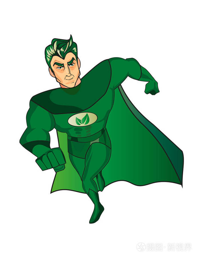 绿色海角与服装的卡通英雄人物和树叶象征在他的胸口.孤立对白色