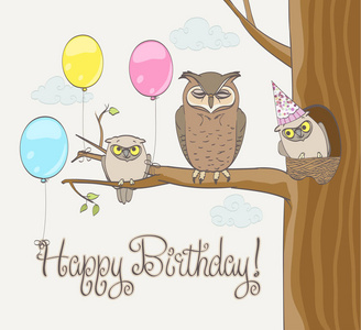 可爱的猫头鹰家庭，气球生日快乐卡