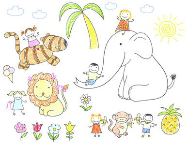 快乐的孩子们和动物照片