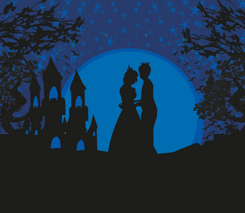 魔幻城堡和公主与王子一个自恋者的剪影向量和一颗在镜子中反射的心的