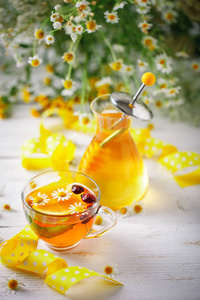 健康杯茶，一罐蜂蜜和鲜花。选择性的焦点