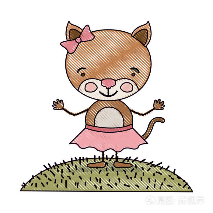彩色蜡笔剪影场景景观和草裙带蝴蝶结花边漫画可爱的表情小猫插画 正版商用图片0u77g3 摄图新视界 彩色蜡笔剪影场景景观和草裙带蝴蝶结花边漫画可爱的表情小猫插画 正版商用图片0u77g3 摄图新视界