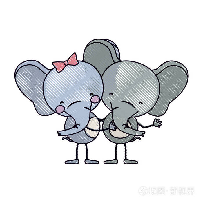 彩色蜡笔剪影漫画与大象情侣拥抱