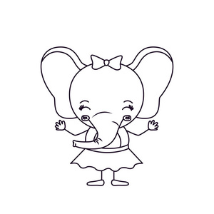 草绘轮廓漫画的可爱的表情，双眼紧闭的雌性大象在裙子蝴蝶结花边