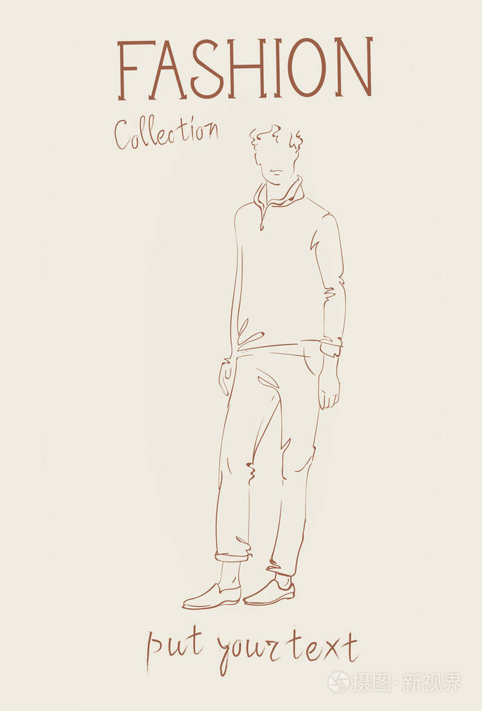 时尚的衣服男模特穿着时髦服装素描的集合插画-正版商