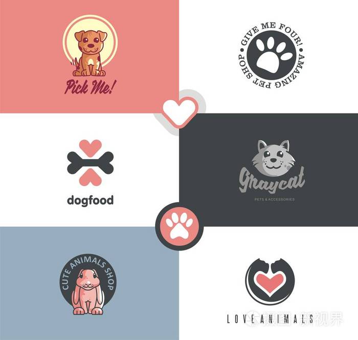 插画 宠物店 logo 设计有很多可爱的动物字符的集合.