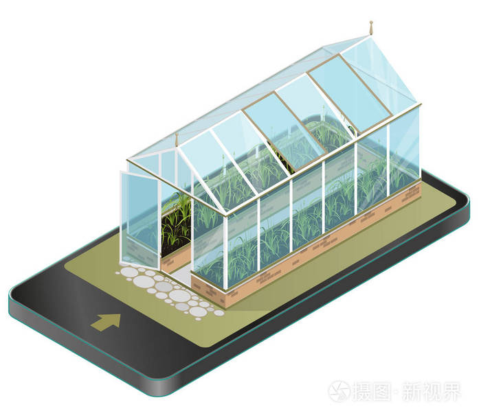 矢量等距温室的玻璃墙壁在等轴透视手机