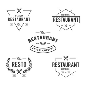 一套老式的餐厅，徽章和白色背景中的标签