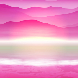 山与海的紫色背景。日落的时候