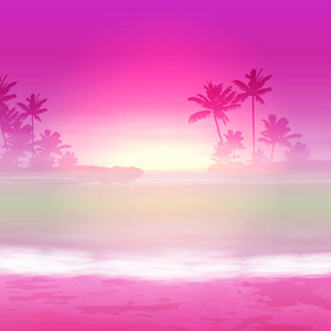与海和棕榈树的紫色背景。日落的时候