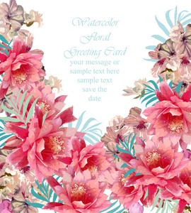 夏季牡丹花朵卡帧。春天的季节微妙水彩花婚礼的邀请。文本的地方。矢量图