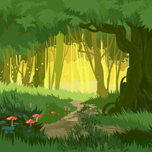 神话般明亮的绿色夏天魔法森林矢量背景蘑菇