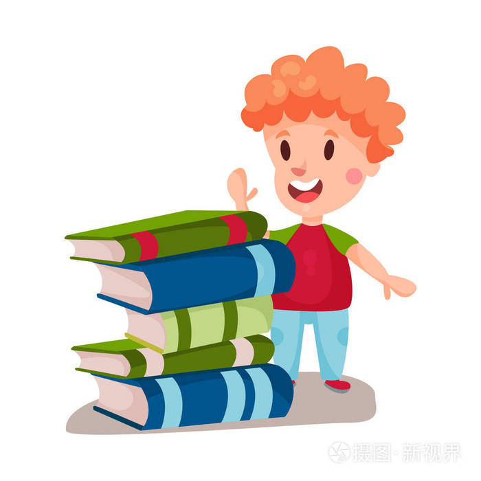 可爱的红发男孩站在一堆书,教育和知识概念,丰富多彩的人物矢量图