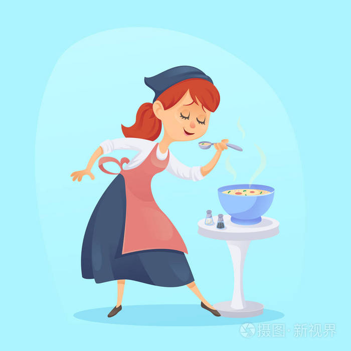 烹饪的滑稽可爱的卡通厨师女人主妇矢量图