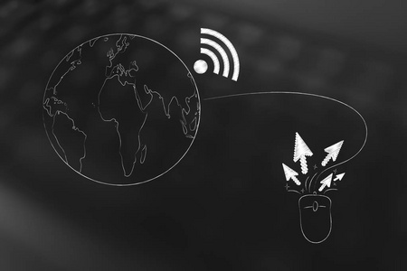行星地球与 wifi 符号附加到计算机鼠标 clicki