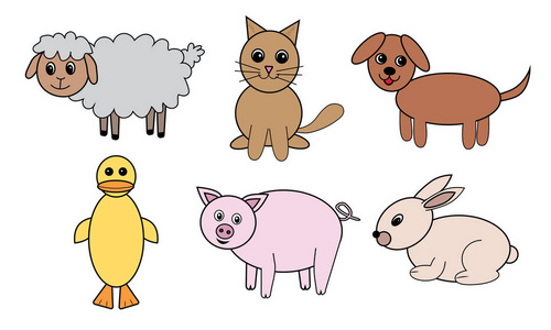 羊, 猫, 狗, 猪, 兔, 鸭有趣的动物和感叹词的卡.