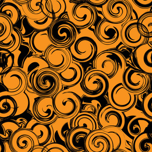黑色和橙色旋转无缝模式。抽象的质地，带旋转 卷发