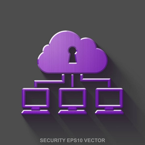 金属平安全 3d 图标。紫色光泽金属云网络上的灰色背景。10，Eps 矢量