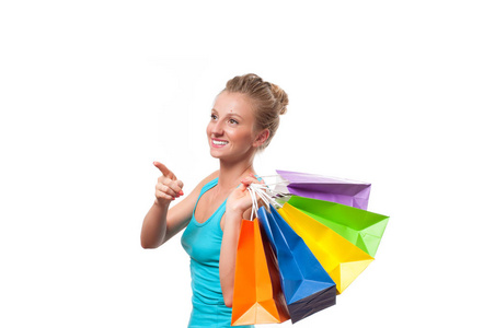 彩色的购物袋，白色背景上的快乐的女孩购物狂
