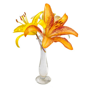 孤立在白色背景上有一个小透明玻璃花瓶百合鲜花花束