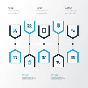 行业色彩鲜艳的图标集。工人 案例 水泥车和其他元素的集合。此外包括符号，如文书 砖砌体，混凝土