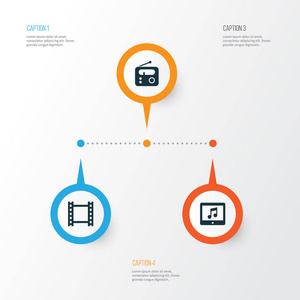 媒体图标集。平板电脑 调谐器 电影和其他元素的集合。此外包括 Fm 应用程序 电影等符号