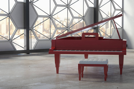 混凝土内部与红色的钢琴和创造性窗框，与城市景观和夏时制。音乐家的概念。3d 渲染