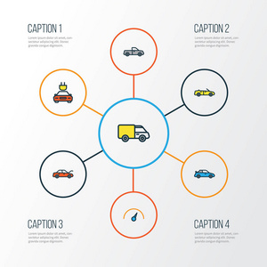 汽车多彩大纲图标设置。汽车 电气 速度和其他元素的集合。此外包括范 皮卡 引擎盖等符号