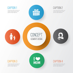 母亲一天图标设计概念。4 件套保护，情感和礼物的元素。美丽的符号，为母亲 礼物和孩子