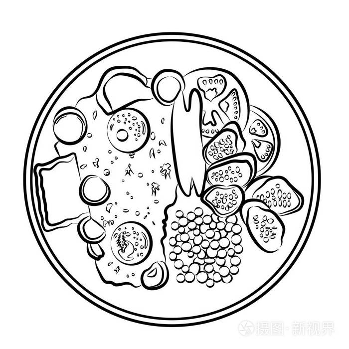 插画 矢量轮廓图英式早餐在盘子上鸡蛋, 香肠, 番茄, 黄瓜, 豌豆,白色