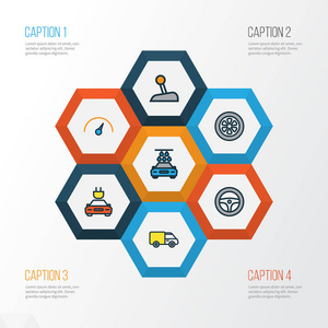 汽车多彩大纲图标设置。轨道 方向舵 电和其他元素的集合。此外包括符号，例如汽车，驱动器，舵