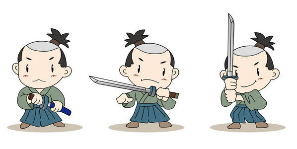 传统东方英雄皇帝广东武士忍者剑矢量卡通人物在行动姿势日本武士勇士